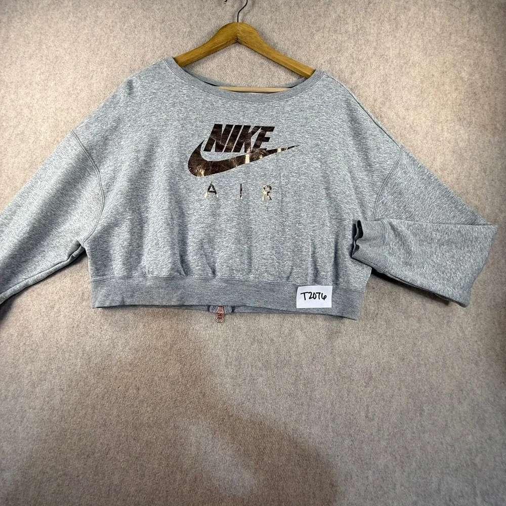 Nike Air Womens Cropped Sweatshirt Gray Rose Gold Metallic Logo Back Zip Medium
